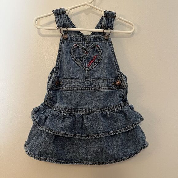 Vintage OshKosh Denim Ruffle Overall dress 24mo Jumper Adjustable Shoulder Strap - Picture 1 of 4